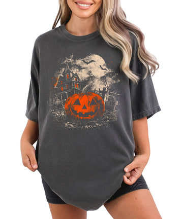 Halloween jack-o-lantern haunted house graphic tee, Pepper Shirt, view 1
