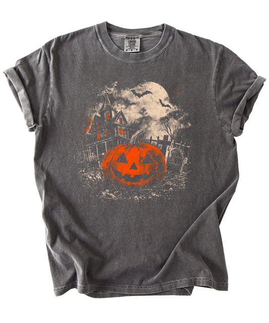 Halloween jack-o-lantern haunted house graphic tee, Pepper Shirt, view 2