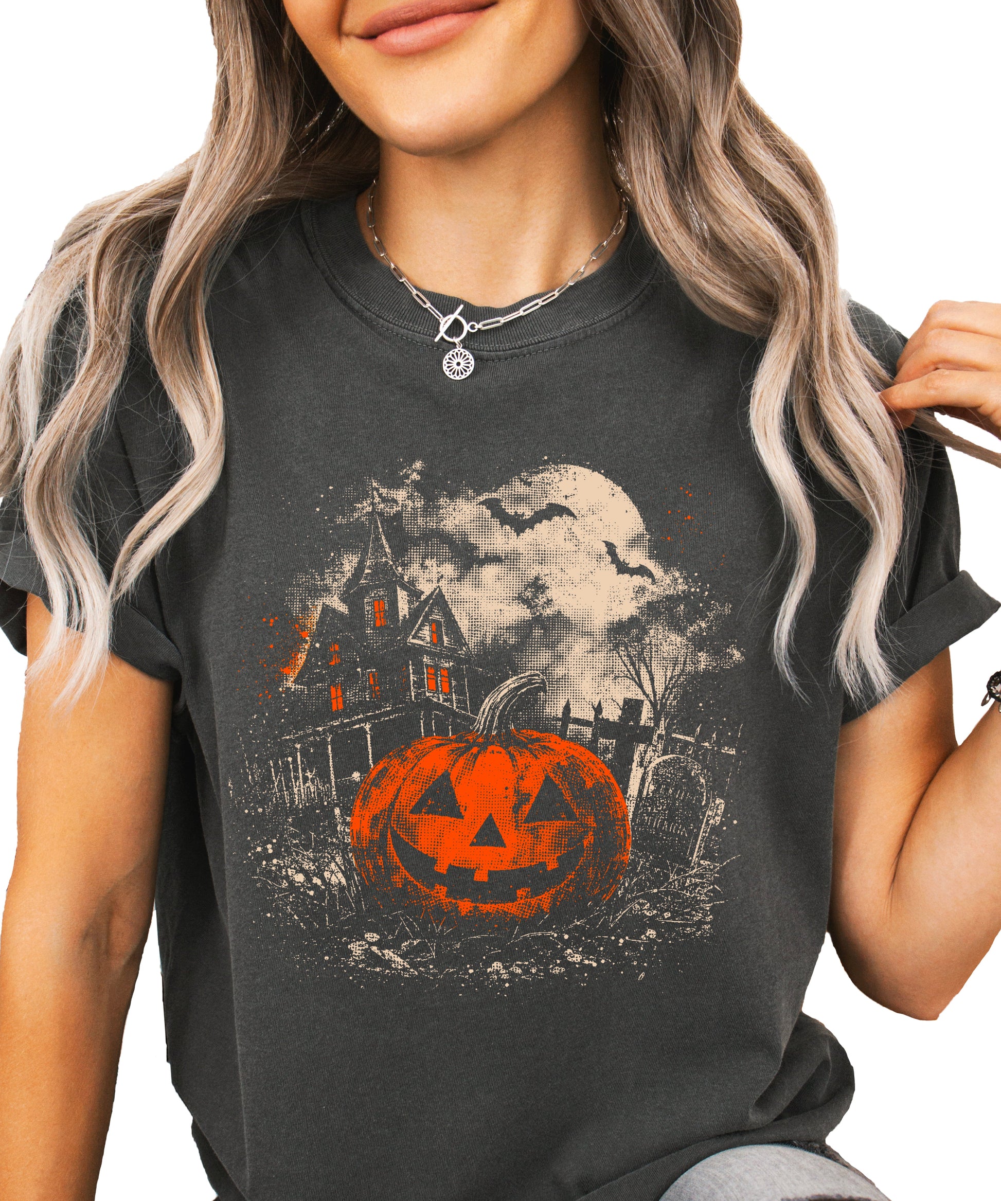 Halloween jack-o-lantern haunted house graphic tee, Pepper Shirt, view 4