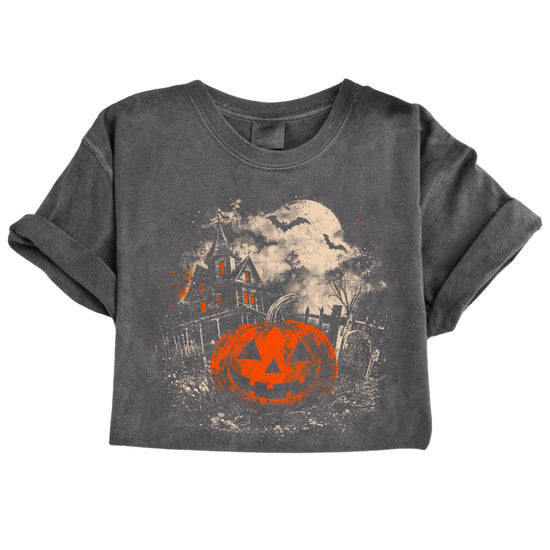 Halloween jack-o-lantern haunted house graphic tee, Pepper Shirt, view 5