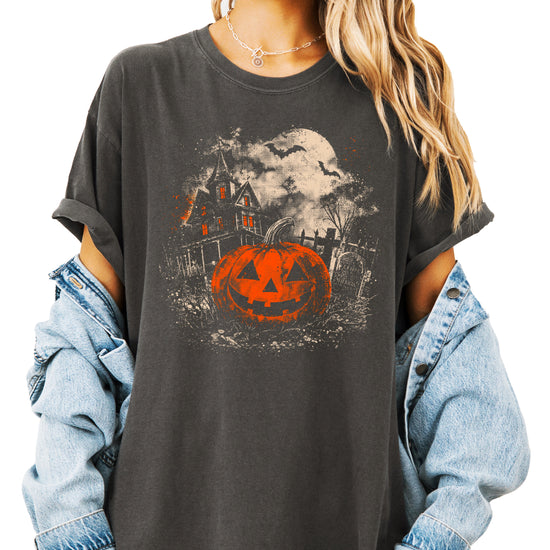 Halloween jack-o-lantern haunted house graphic tee, Pepper Shirt, view 6