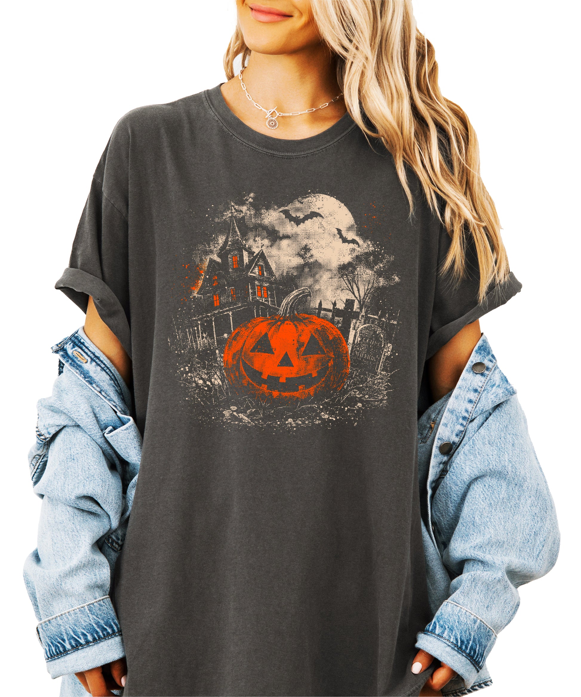 Halloween jack-o-lantern haunted house graphic tee, Pepper Shirt, view 6