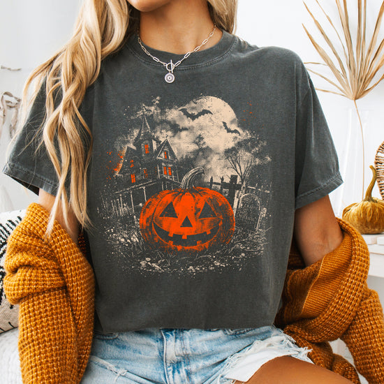 Halloween jack-o-lantern haunted house graphic tee, Pepper Shirt, view 7