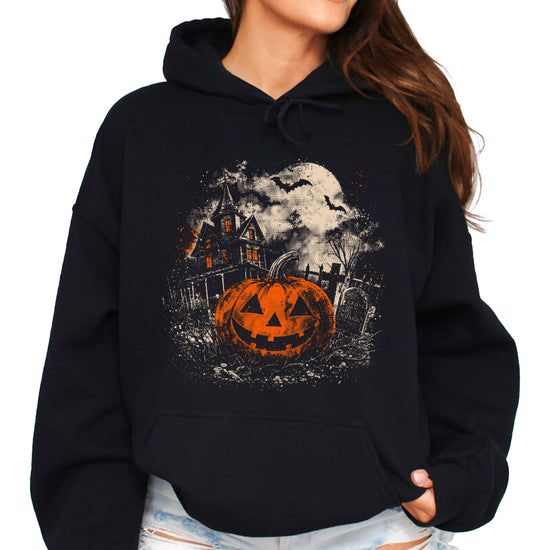 Jack O Lantern haunted house Halloween hoodie for women and teen girls in Black - front view