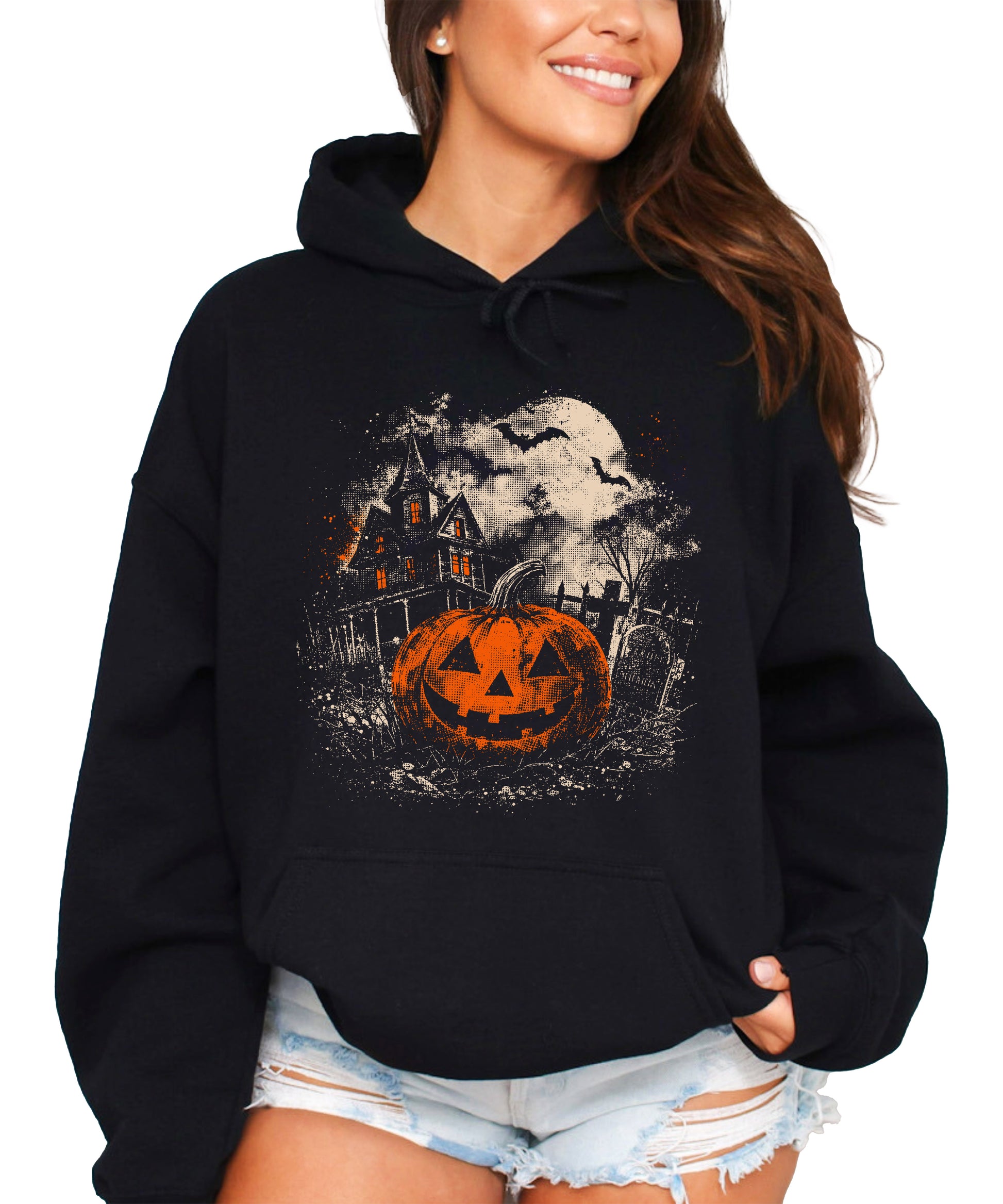Jack O Lantern haunted house Halloween hoodie for women and teen girls in Black - front view