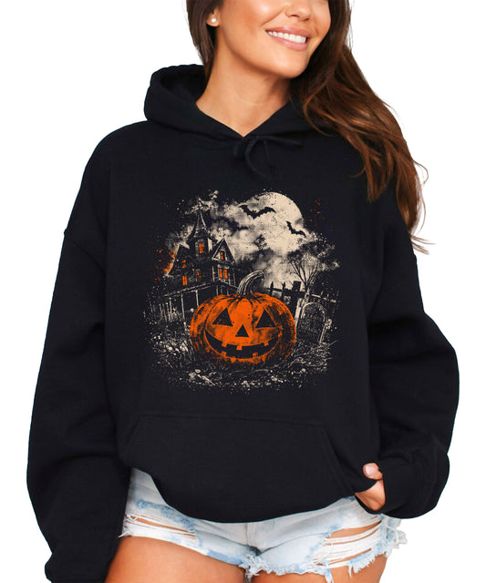 Jack O Lantern haunted house Halloween hoodie for women and teen girls in Black - front view