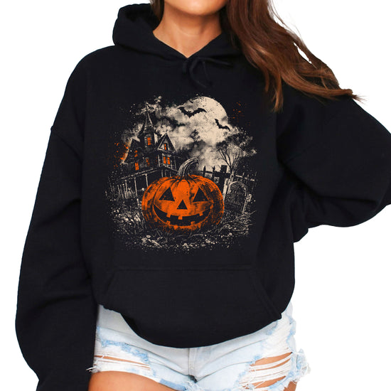 Jack O Lantern haunted house Halloween hoodie in Black - detail view