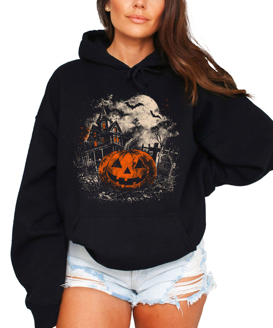 Jack O Lantern haunted house Halloween hoodie in Black - detail view