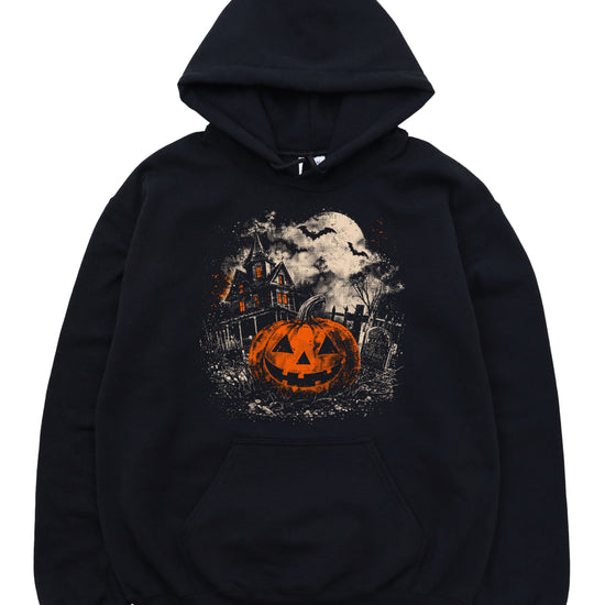 Jack O Lantern haunted house Halloween hoodie in Black - lifestyle view