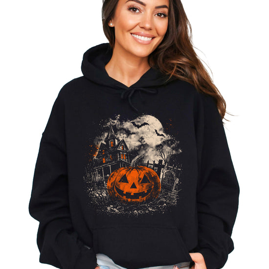 Jack O Lantern haunted house Halloween hoodie in Black - graphic close up
