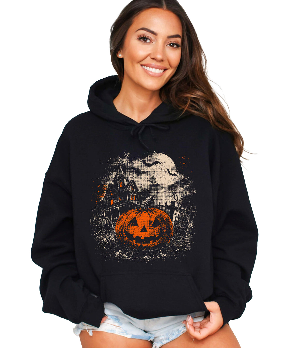 Jack O Lantern haunted house Halloween hoodie in Black - graphic close up