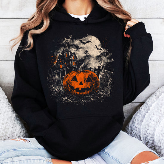Jack O Lantern haunted house Halloween hoodie in Black - back or flat lay view