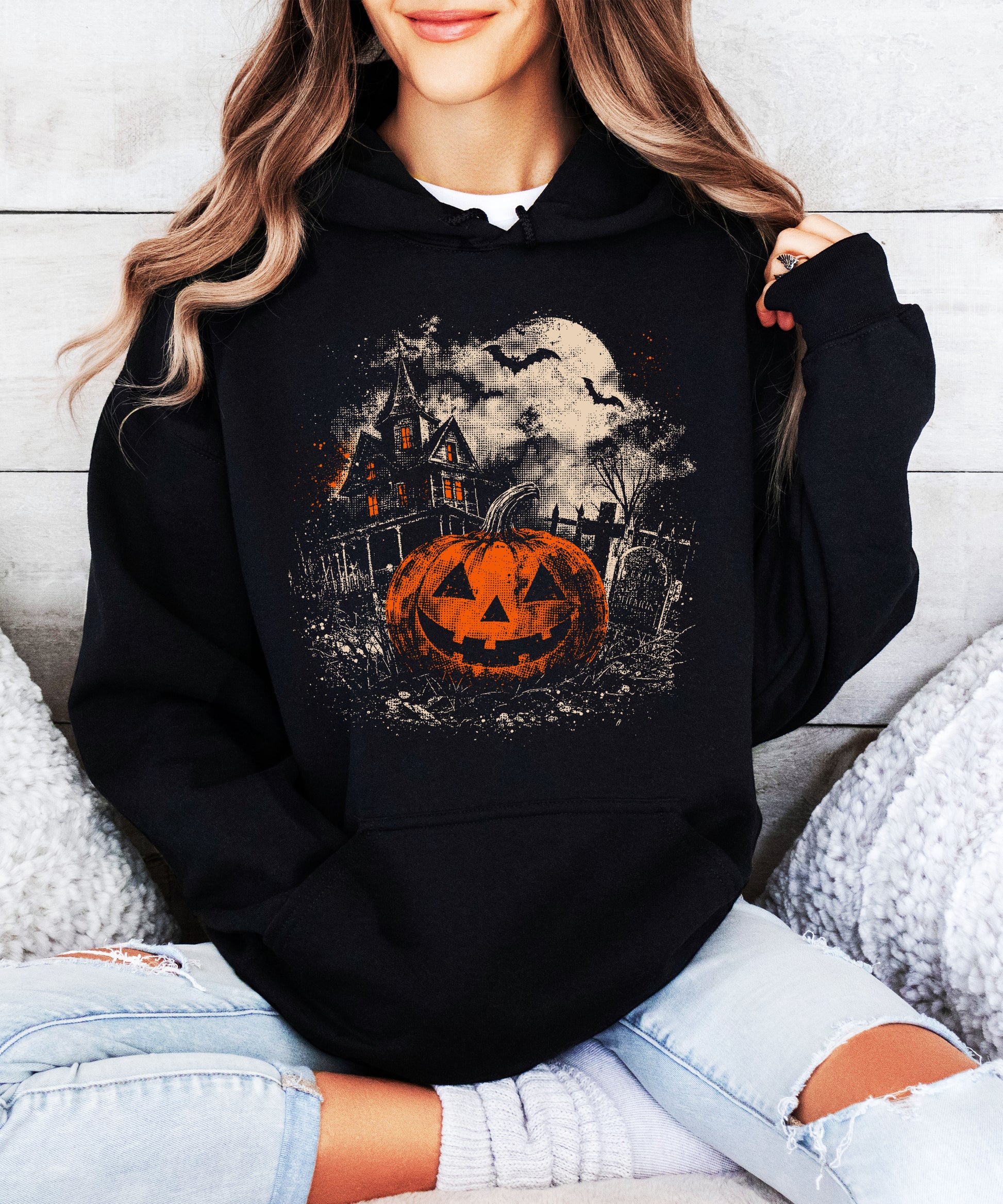 Jack O Lantern haunted house Halloween hoodie in Black - back or flat lay view