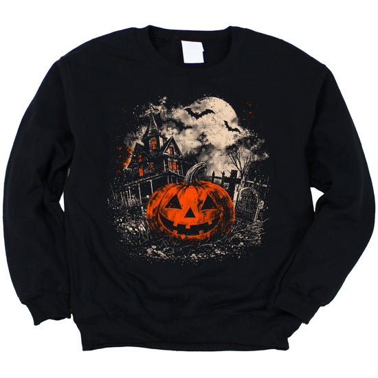 Black Jack O Lantern Halloween sweatshirt for women and teen girls, styled model shot