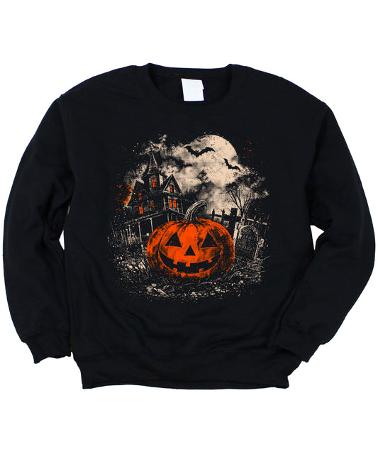 Black Jack O Lantern Halloween sweatshirt for women and teen girls, styled model shot