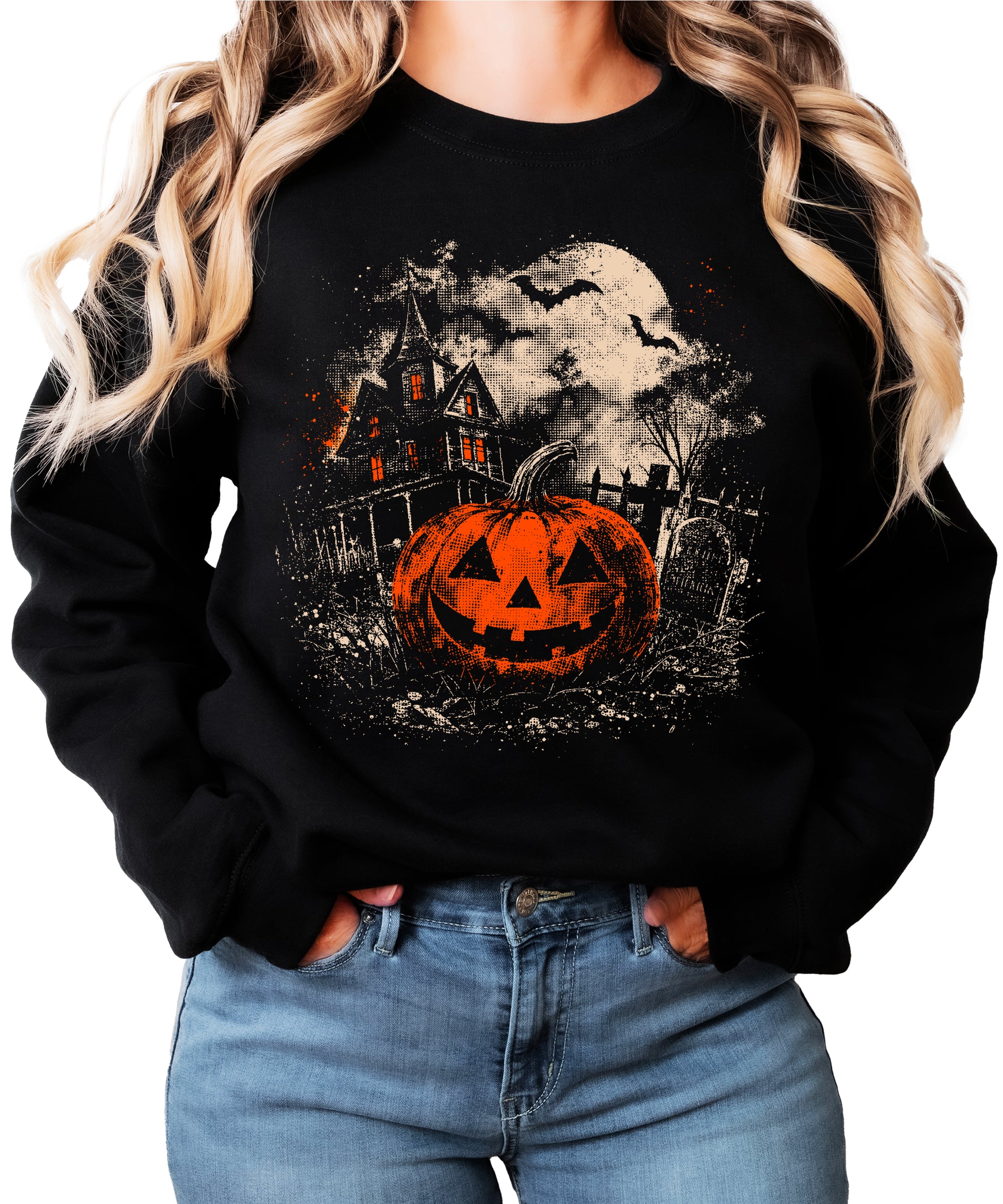 Jack o lantern pumpkin and moonlit graveyard print detail on black Halloween crewneck sweatshirt