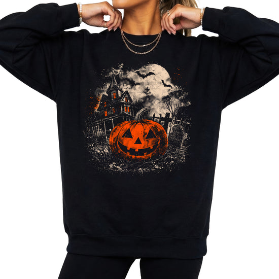 Spooky haunted house pumpkin pullover sweatshirt in black, alternate view