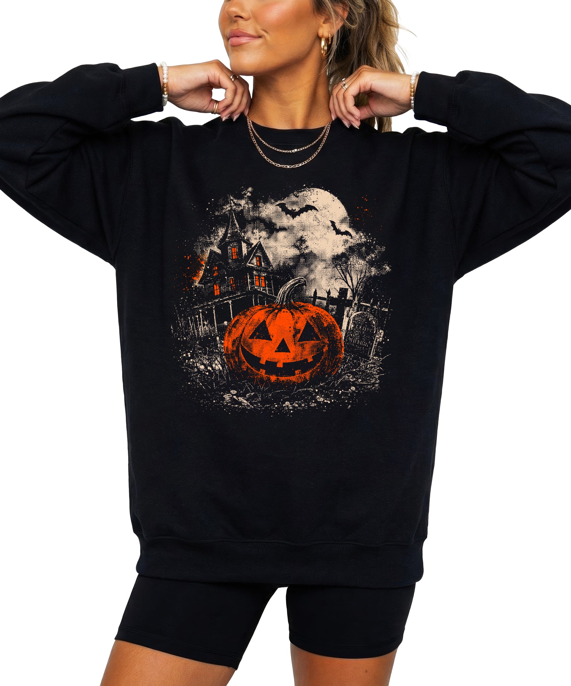 Spooky haunted house pumpkin pullover sweatshirt in black, alternate view