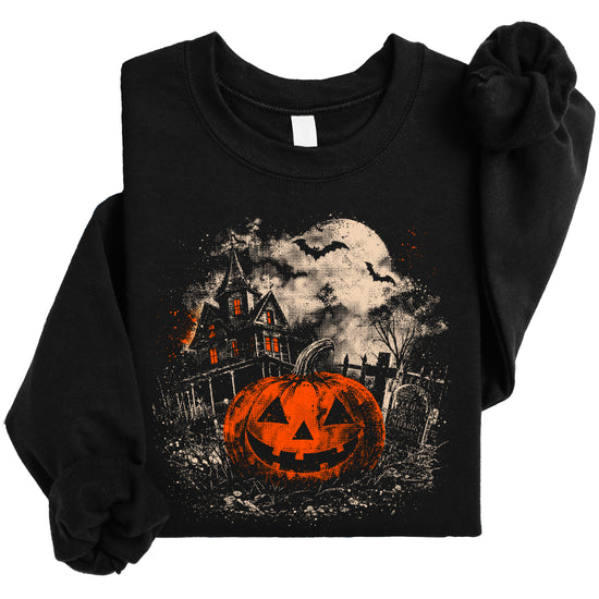 Black Halloween sweatshirt with bats and harvest moon graphic, lifestyle shot