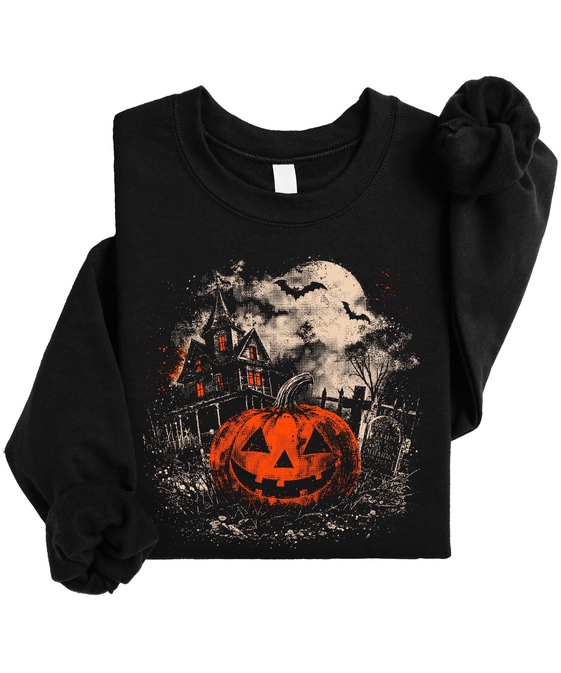 Black Halloween sweatshirt with bats and harvest moon graphic, lifestyle shot