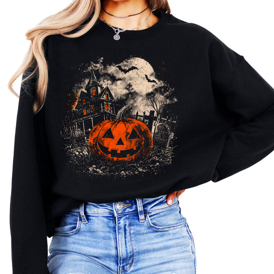Jack O Lantern Halloween crewneck sweatshirt, relaxed unisex fit detail