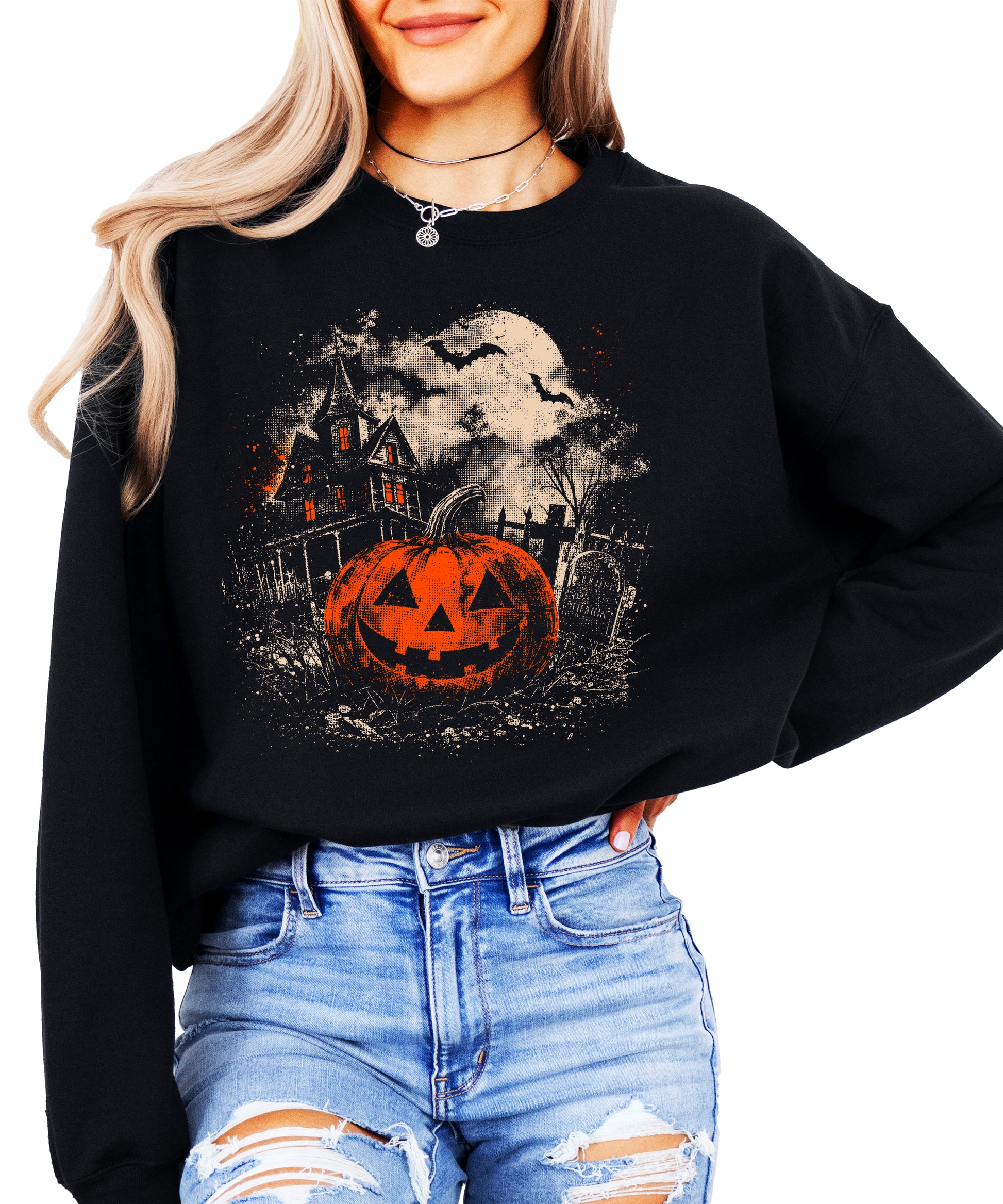 Jack O Lantern Halloween crewneck sweatshirt, relaxed unisex fit detail