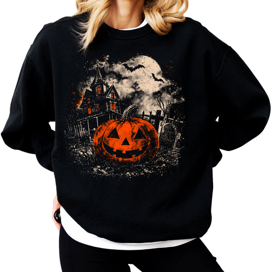 Halloween pumpkin sweatshirt in black, ribbed cuffs and hem detail