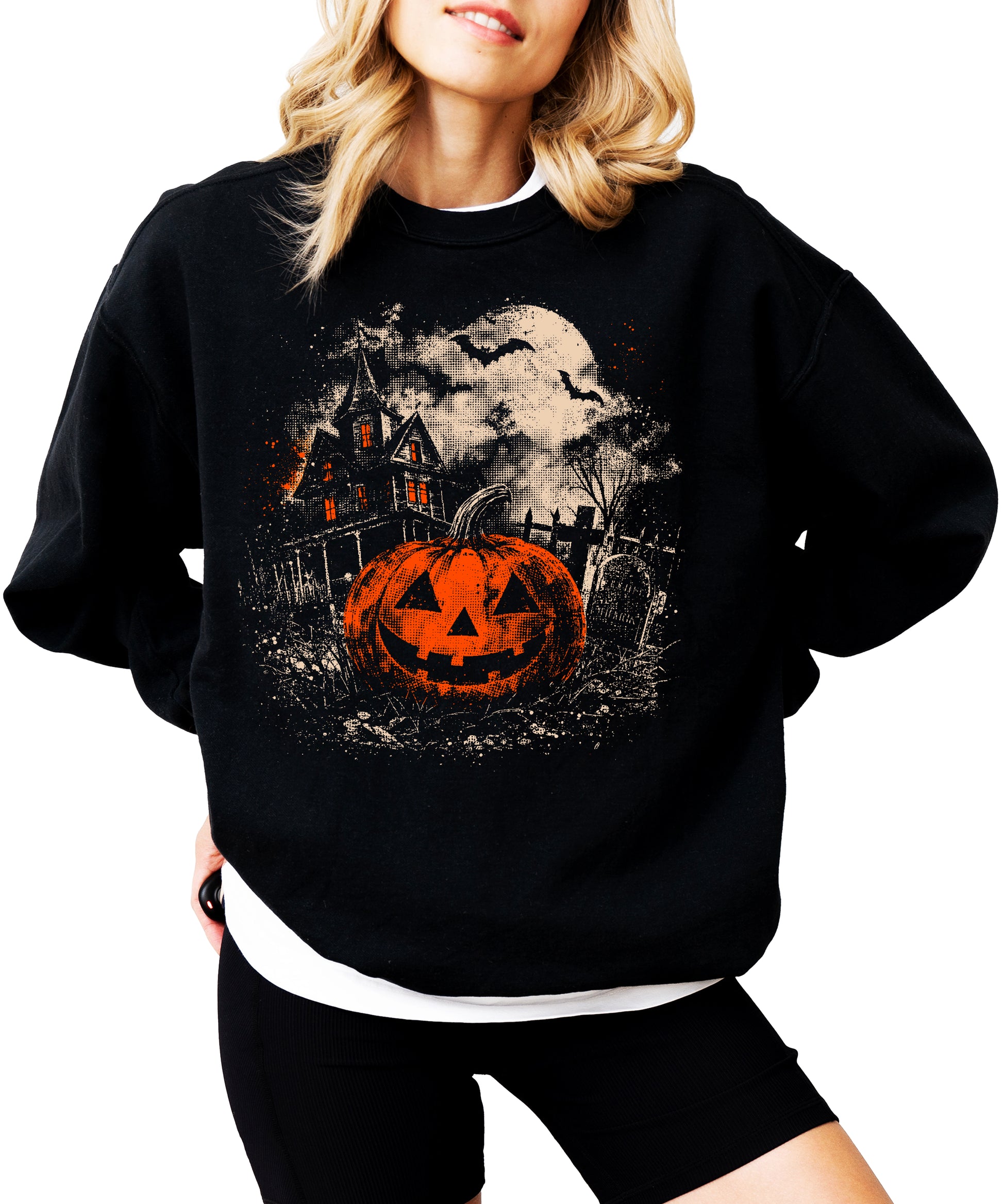 Halloween pumpkin sweatshirt in black, ribbed cuffs and hem detail