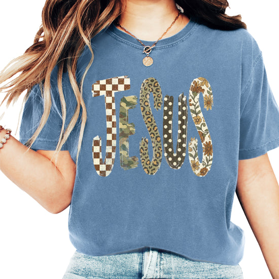 Trendy Jesus checkered leopard floral graphic tee, Blue Jean Shirt, view 1