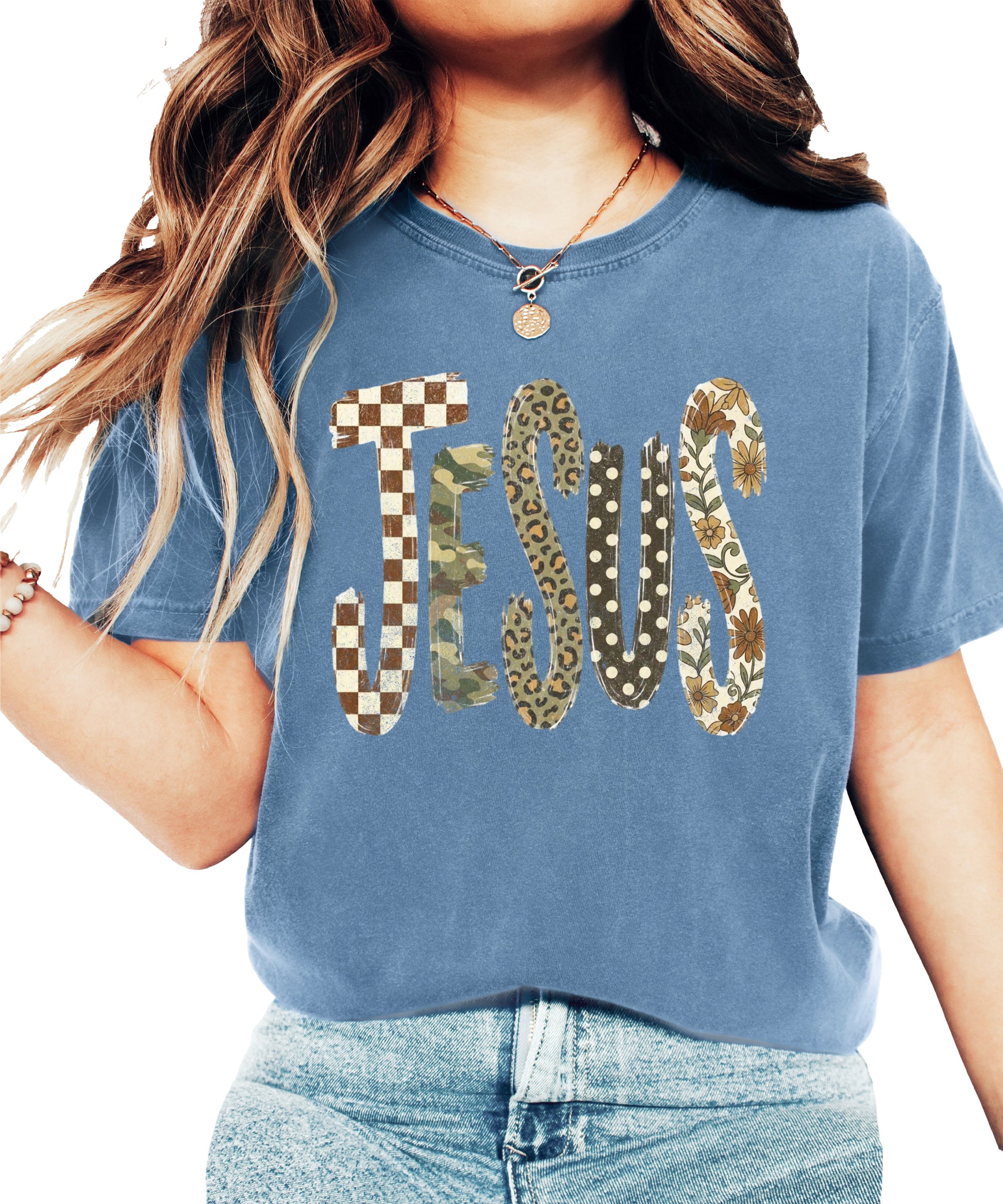 Trendy Jesus checkered leopard floral graphic tee, Blue Jean Shirt, view 1