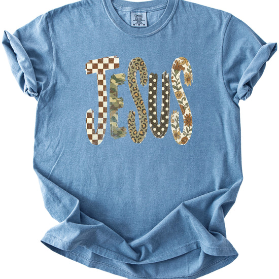 Trendy Jesus checkered leopard floral graphic tee, Blue Jean Shirt, view 2