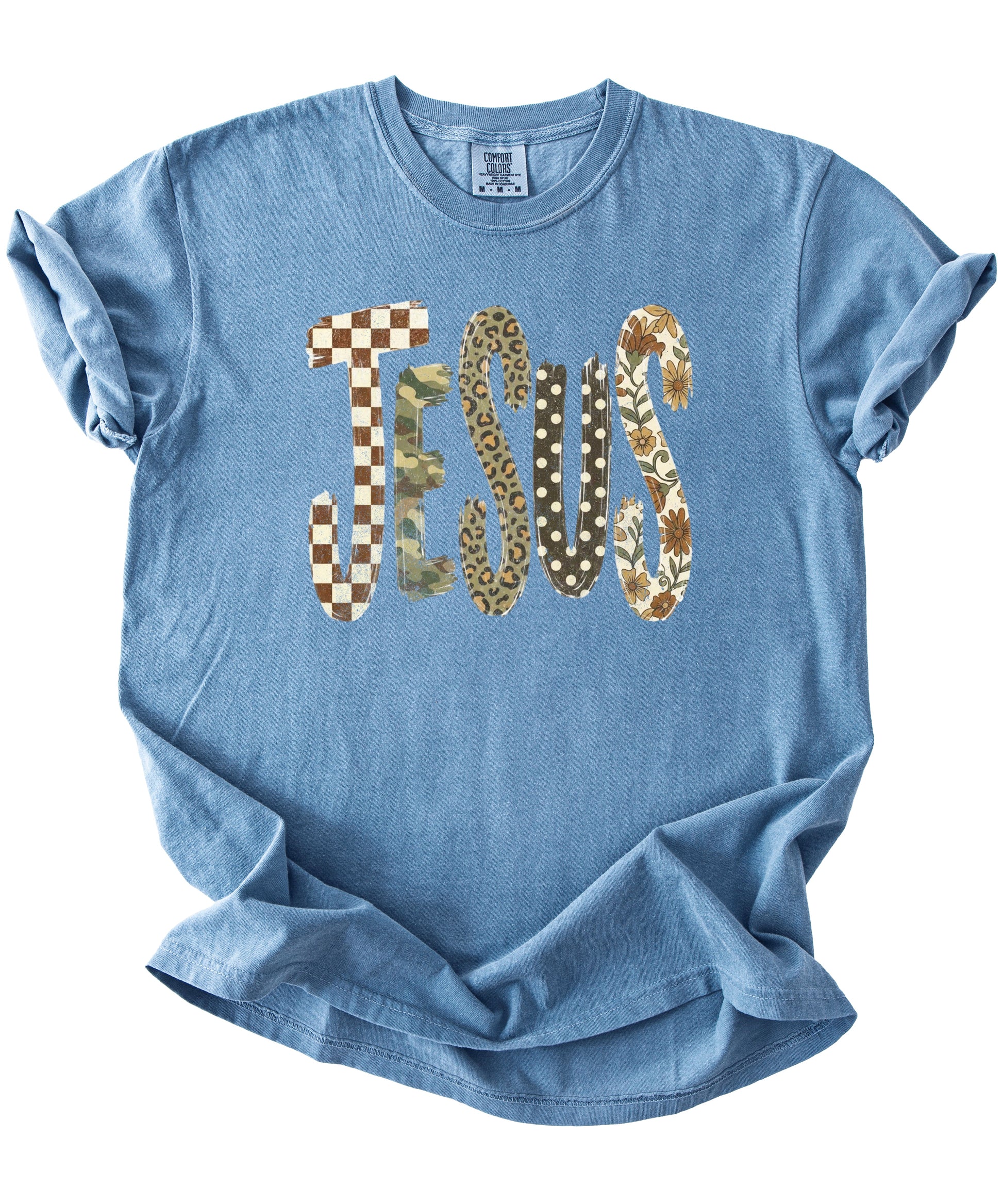 Trendy Jesus checkered leopard floral graphic tee, Blue Jean Shirt, view 2