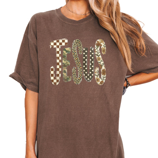 Trendy Jesus checkered leopard floral graphic tee, Espresso Shirt, view 1