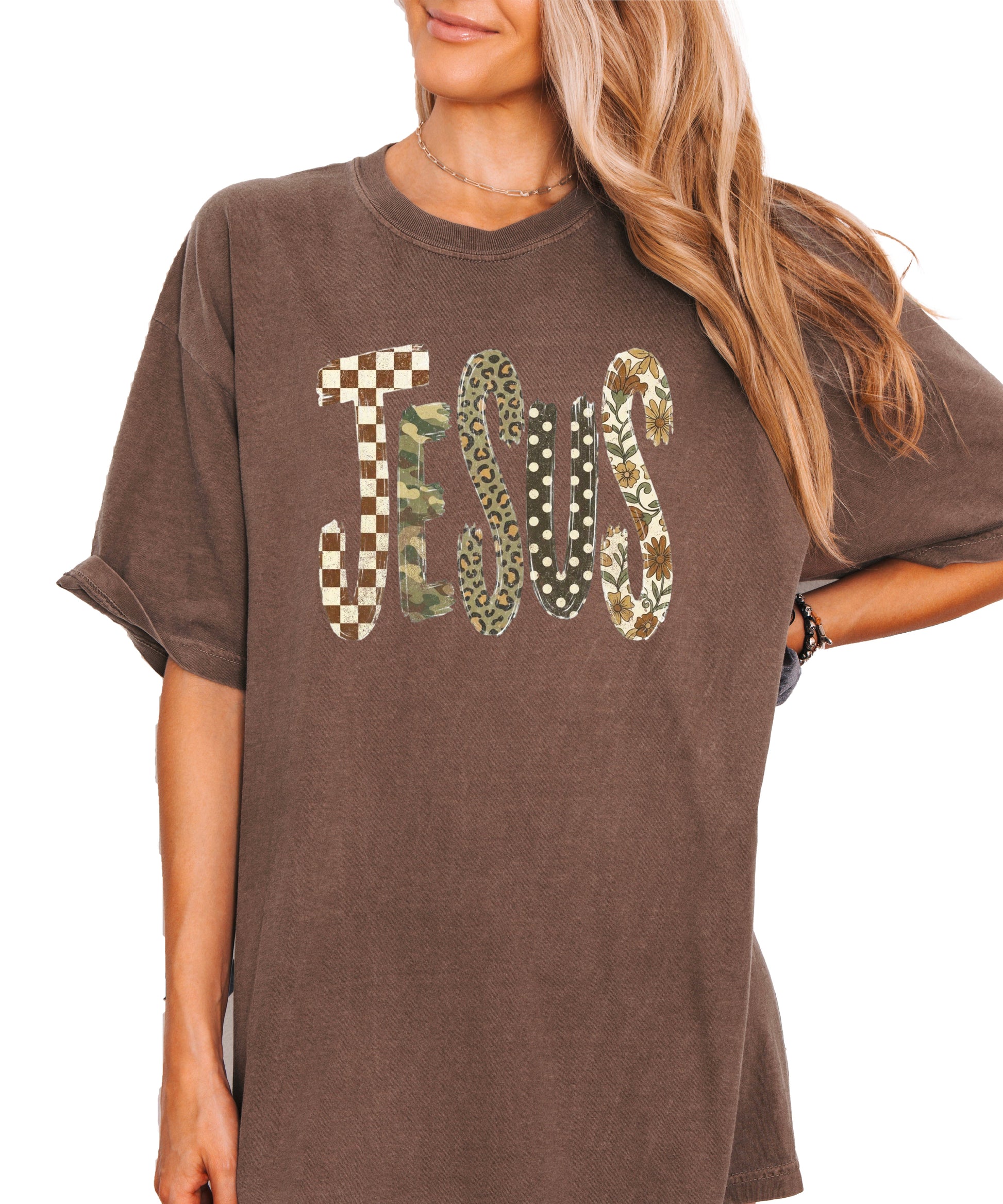 Trendy Jesus checkered leopard floral graphic tee, Espresso Shirt, view 1
