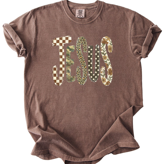 Trendy Jesus checkered leopard floral graphic tee, Espresso Shirt, view 2