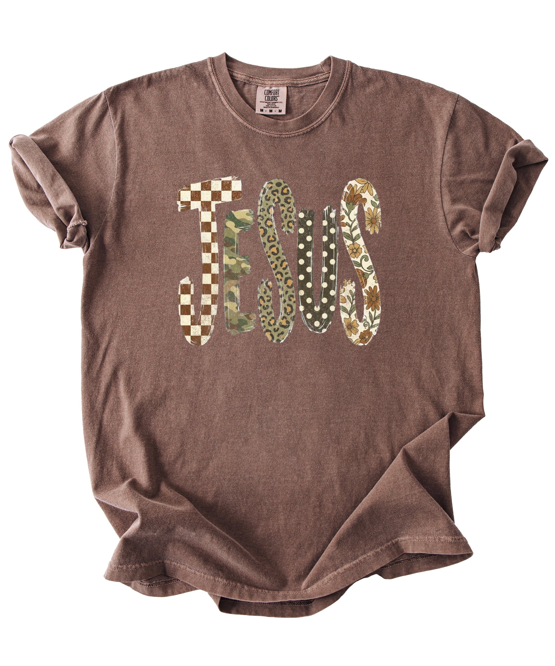 Trendy Jesus checkered leopard floral graphic tee, Espresso Shirt, view 2