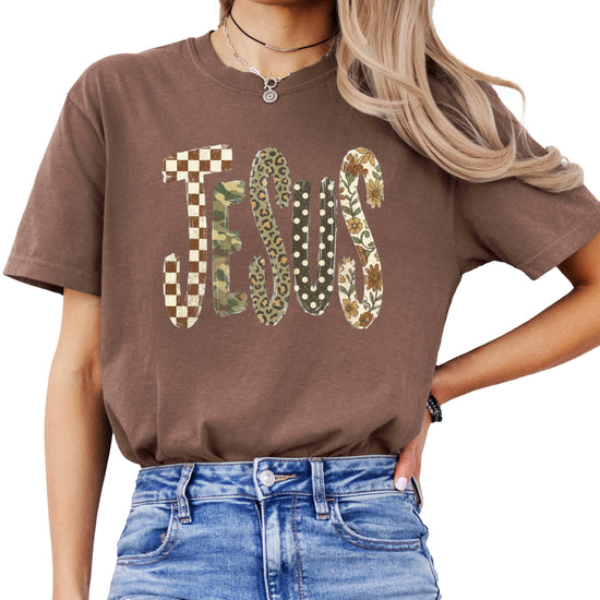 Trendy Jesus checkered leopard floral graphic tee, Espresso Shirt, view 3