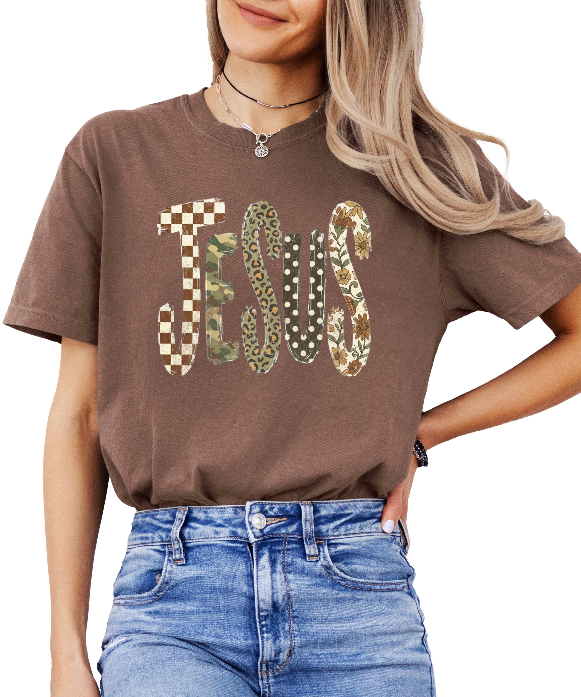 Trendy Jesus checkered leopard floral graphic tee, Espresso Shirt, view 3