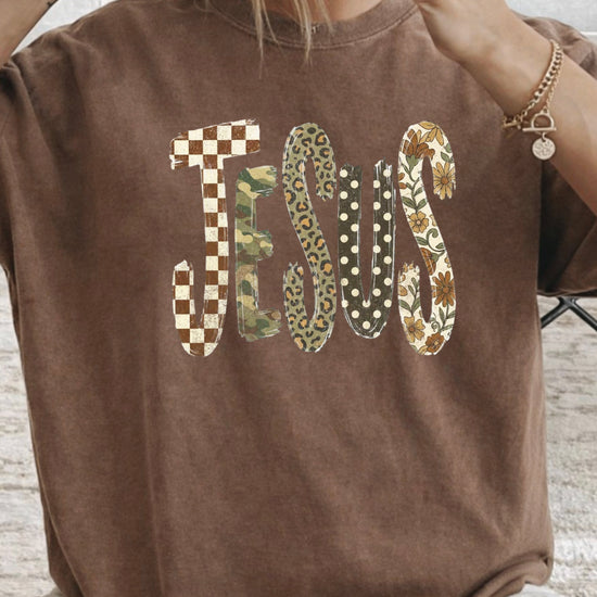Trendy Jesus checkered leopard floral graphic tee, Espresso Shirt, view 4