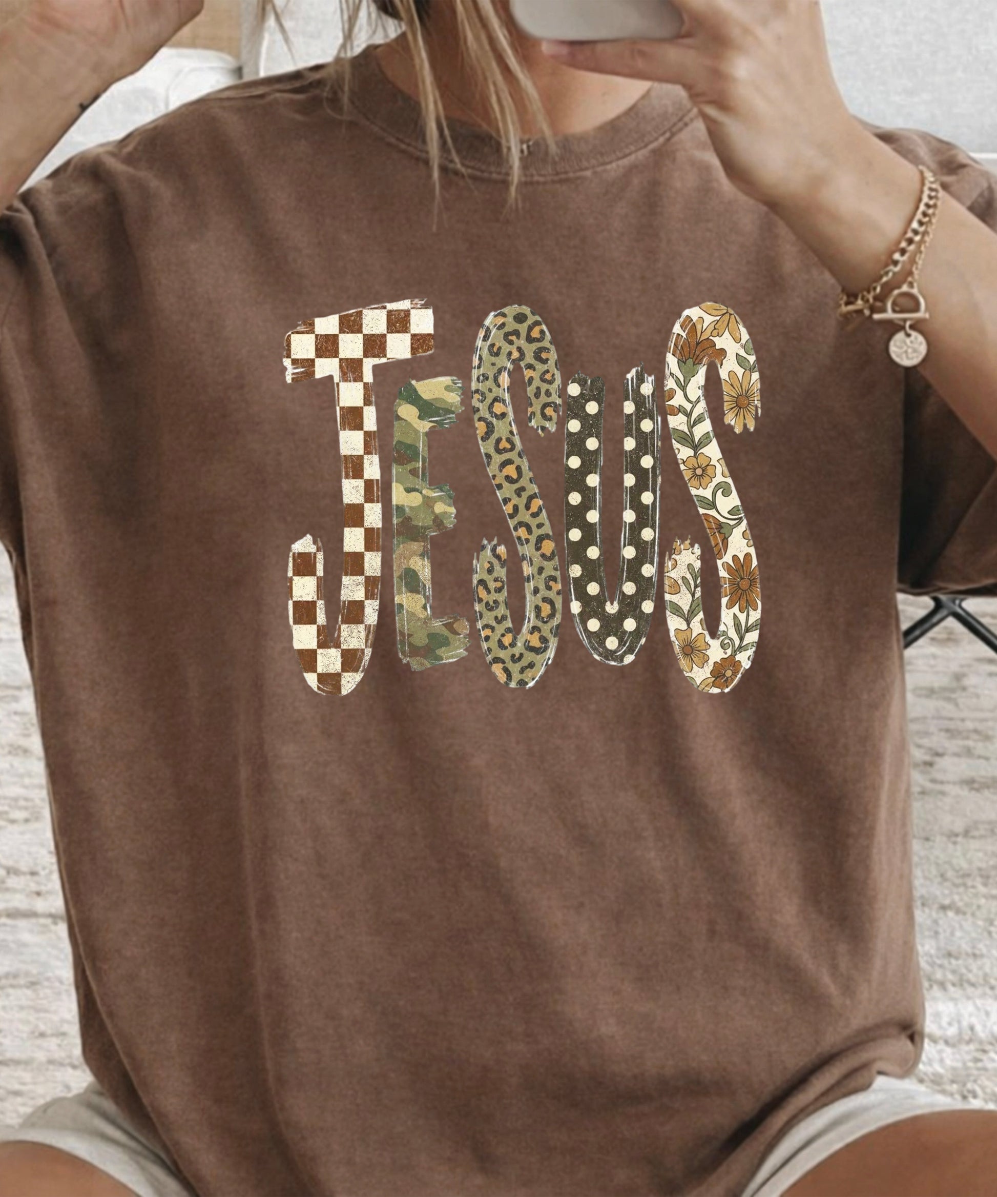 Trendy Jesus checkered leopard floral graphic tee, Espresso Shirt, view 4