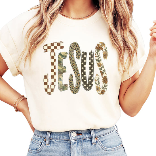 Trendy Jesus checkered leopard floral graphic tee, Ivory Shirt, view 1