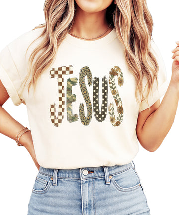 Trendy Jesus checkered leopard floral graphic tee, Ivory Shirt, view 1