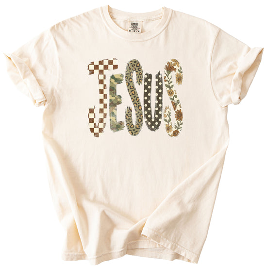 Trendy Jesus checkered leopard floral graphic tee, Ivory Shirt, view 2