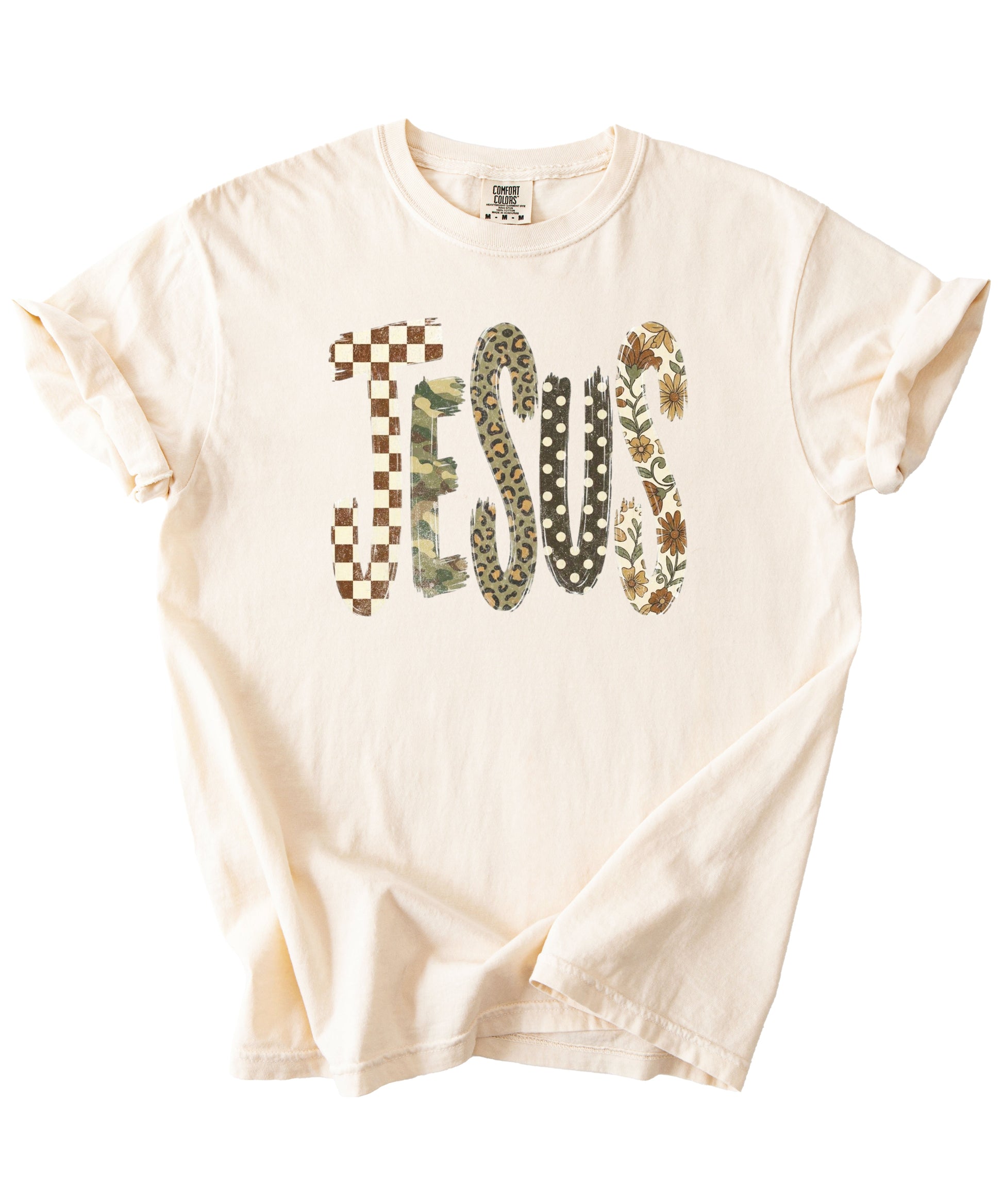 Trendy Jesus checkered leopard floral graphic tee, Ivory Shirt, view 2