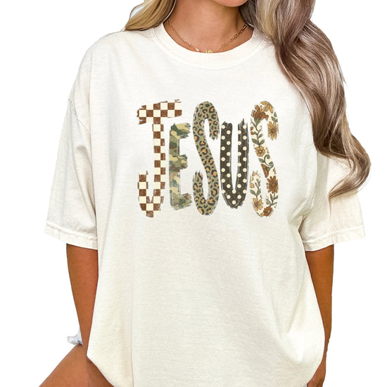 Trendy Jesus checkered leopard floral graphic tee, Ivory Shirt, view 3