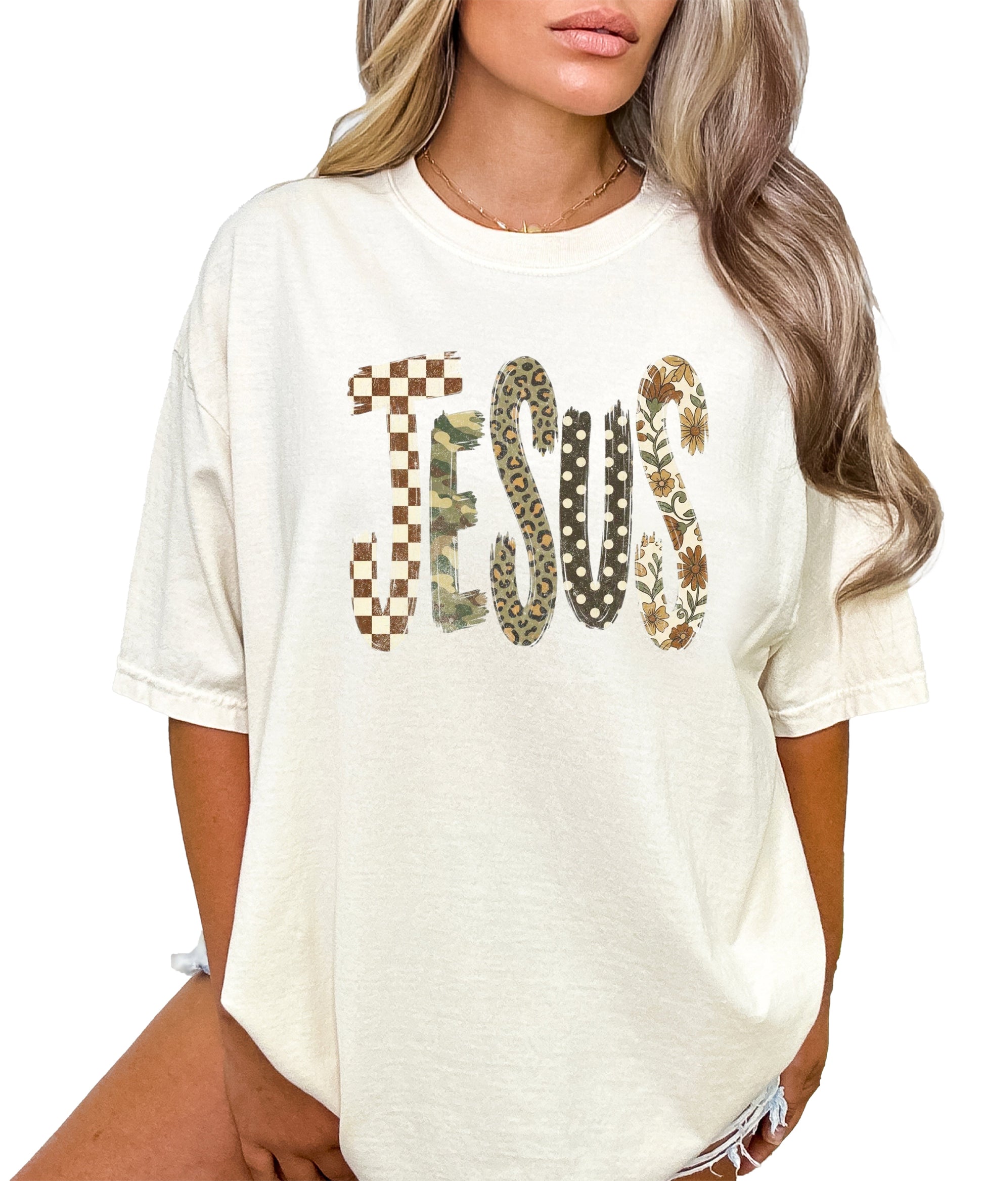 Trendy Jesus checkered leopard floral graphic tee, Ivory Shirt, view 3