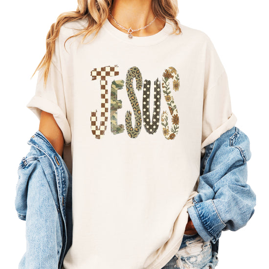 Trendy Jesus checkered leopard floral graphic tee, Ivory Shirt, view 4