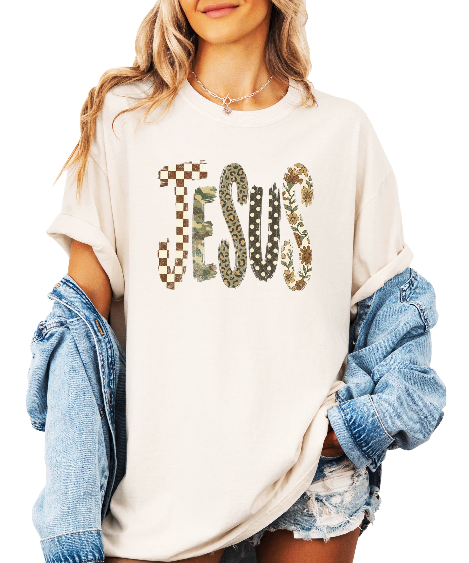 Trendy Jesus checkered leopard floral graphic tee, Ivory Shirt, view 4