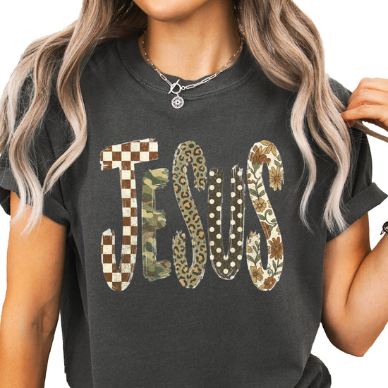 Trendy Jesus checkered leopard floral graphic tee, Pepper Shirt, view 1