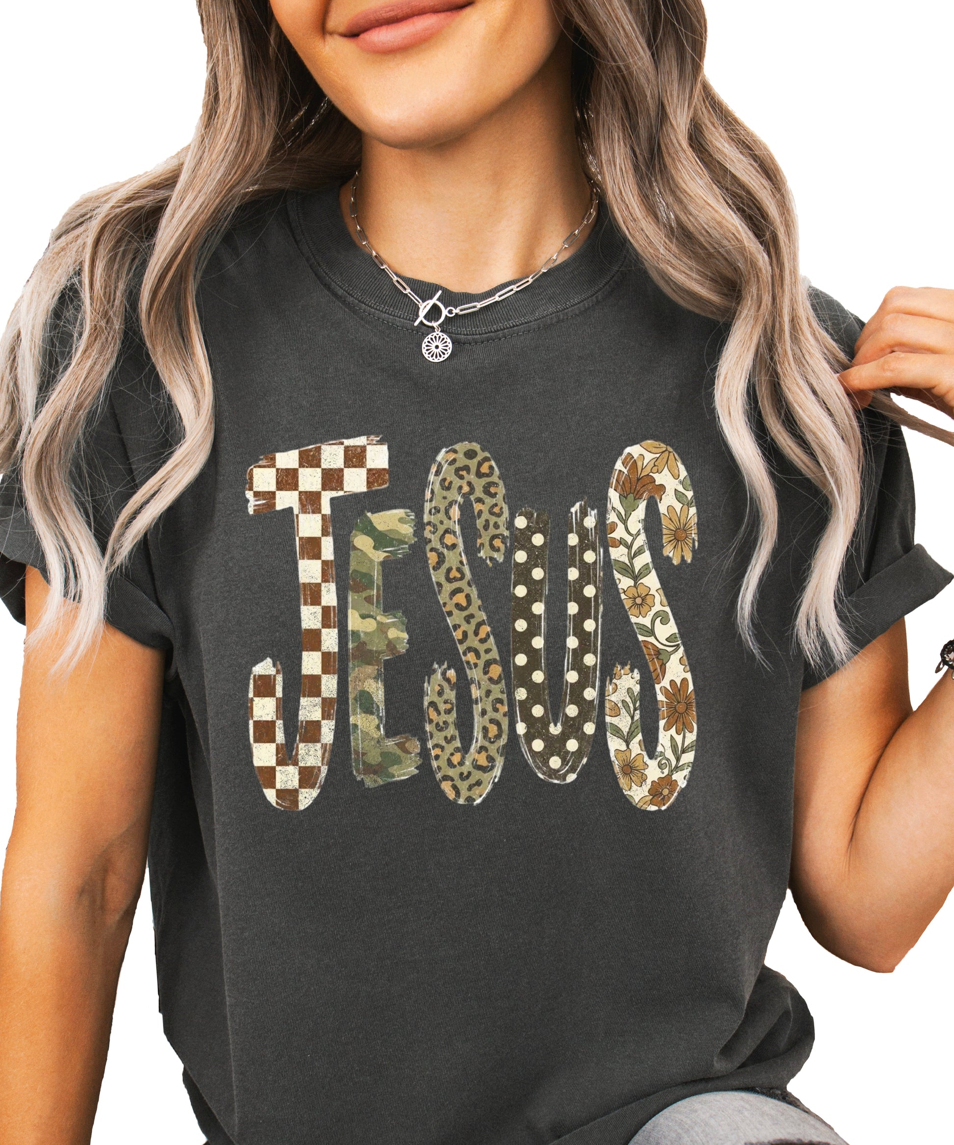 Trendy Jesus checkered leopard floral graphic tee, Pepper Shirt, view 1